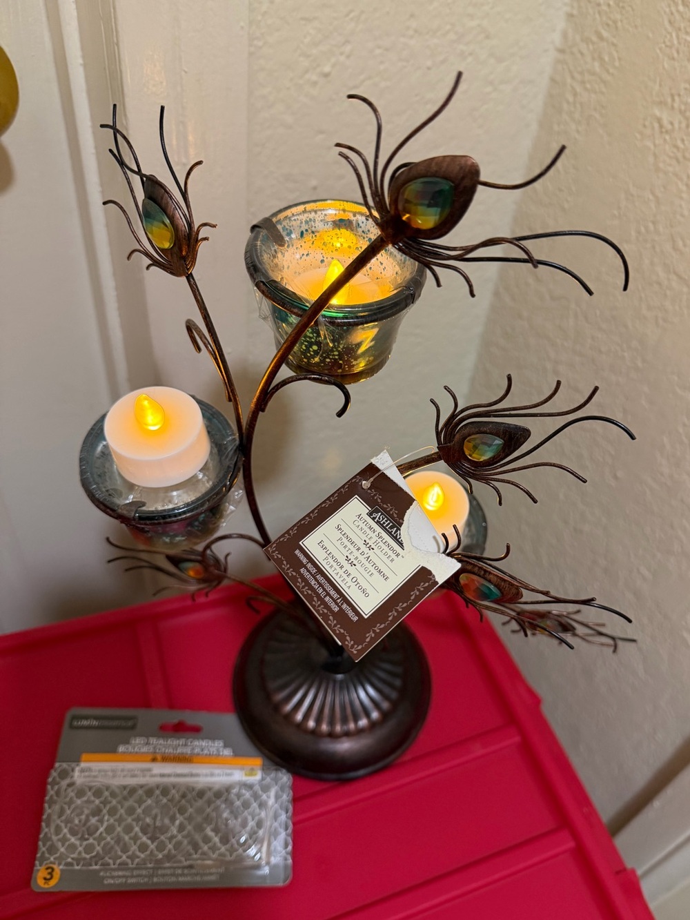 New Autumn Splendor candle holder. 3 new LED tealight candles included